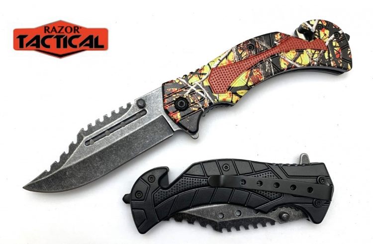 Red Camo Assist Knife ABS Handle