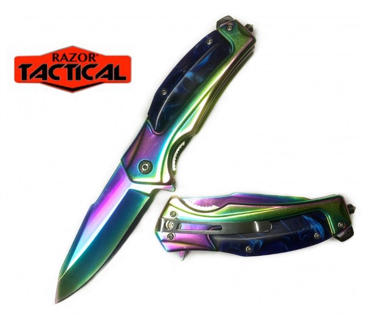 RAINBOW Blade Spring Assist knife W/ Blue Inlay Handle