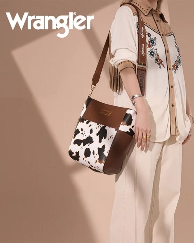 Wrangler Cow Print Crossbody Bucket Should Bag COFFEE