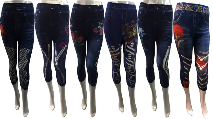 Wholesale 3/4 Length LEGGING Denim Print with Different Flowers