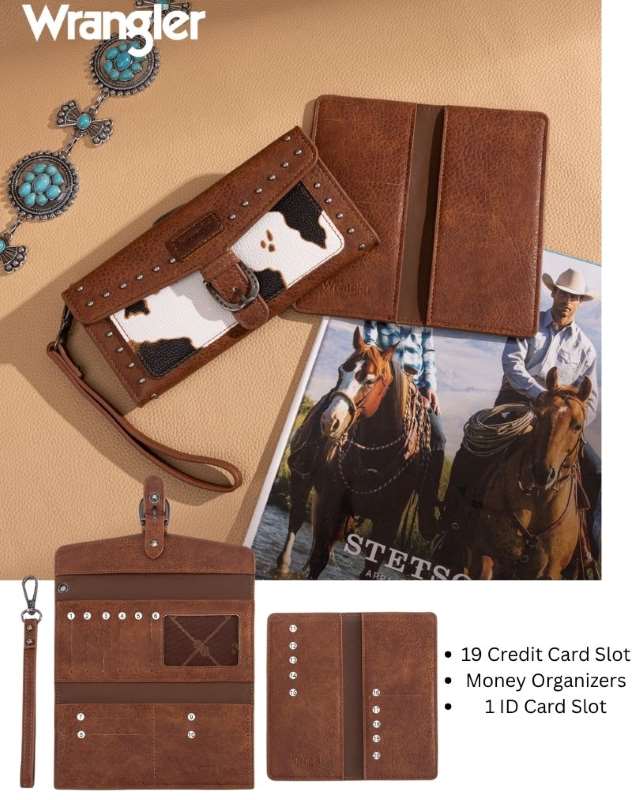 Wrangler Western Cow-Print Tri-fold RFID WALLET/Wristlet With Det