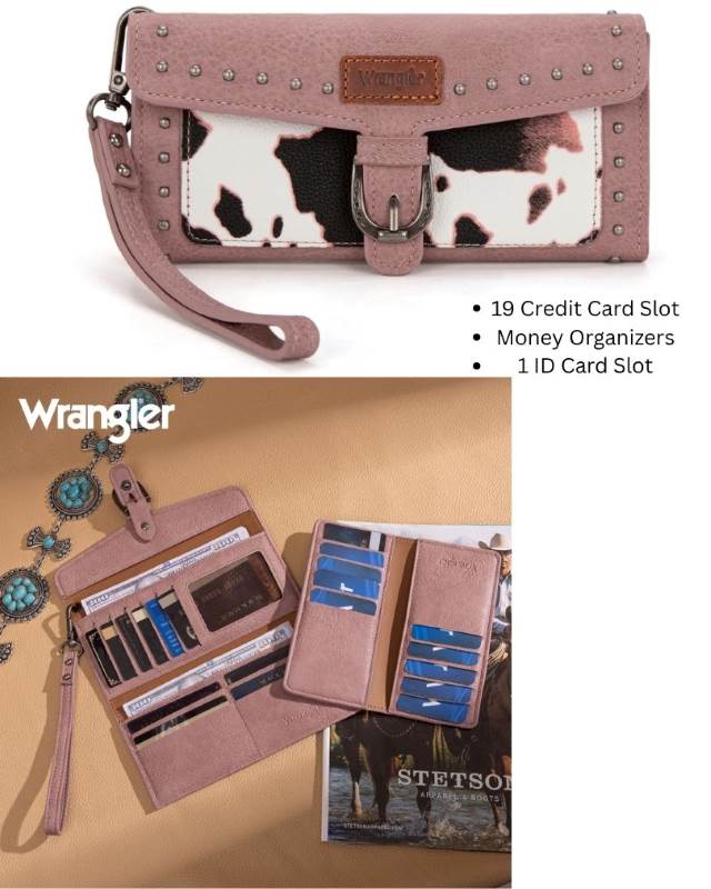 Wrangler Western Cow-Print Tri-fold WALLET/Wristlet Pink
