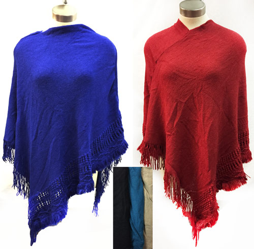 Wholesale Knit Poncho Shawl Solid Color with Fringes