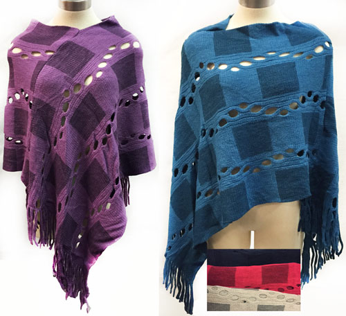 Wholesale Knit Poncho Shawl Contrasting Square Patch and Fringes