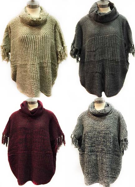 Wholesale Knitted PONCHO Solid Color with Fringe Sleeves