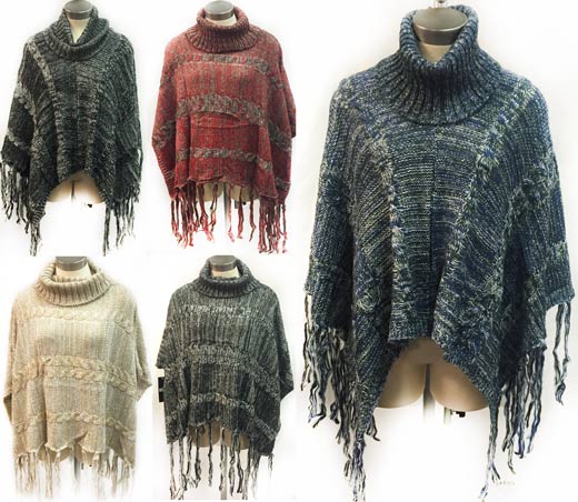 Wholesale Knitted Poncho Sweater Turtle Neck Fringes