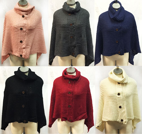 Wholesale Knitted Cowl Collar PONCHOs with Buttons Assorted