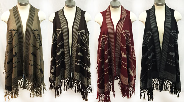 Wholesale Knitted Vest Aztec Tribal Pattern with Fringes