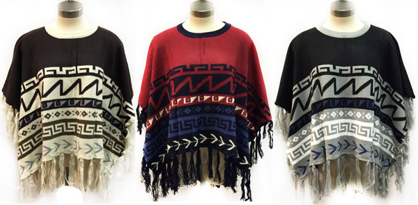 Wholesale Knitted PONCHO Abstract Geometric Pattern Fringes