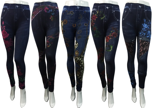 Wholesale Denim Print LEGGING with Flower Print and Fleece Lining