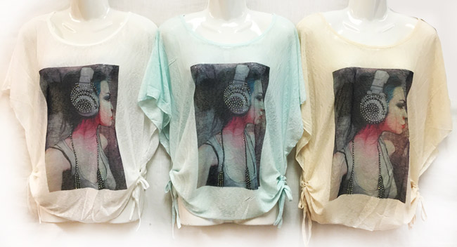 Wholesale Rhinestone Girl with HEADPHONE Design Shirts Assorted