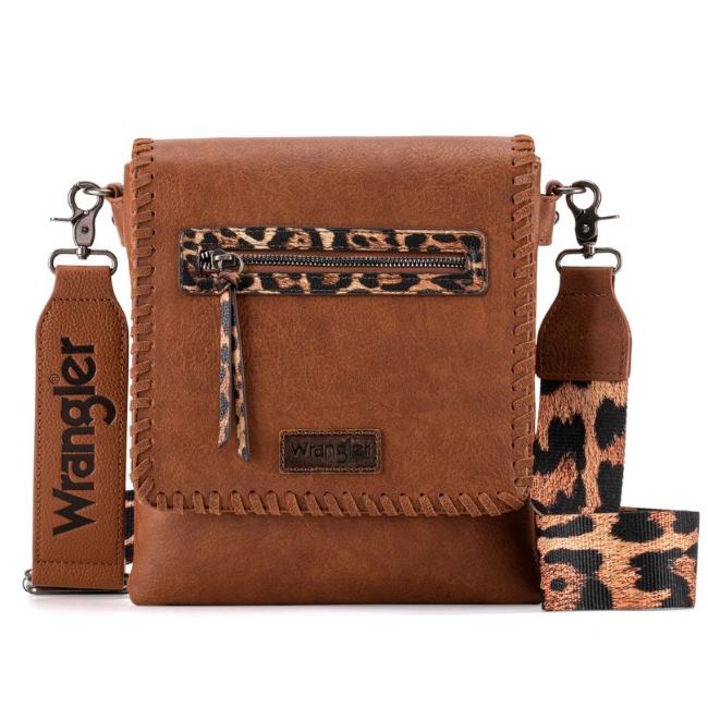 Wrangler Whipstitch Leopard Print Crossbody - Dark BROWN