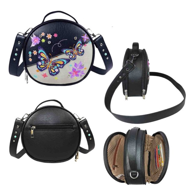 Butterfly Embroidery Round Crossbody Bag - BLACK