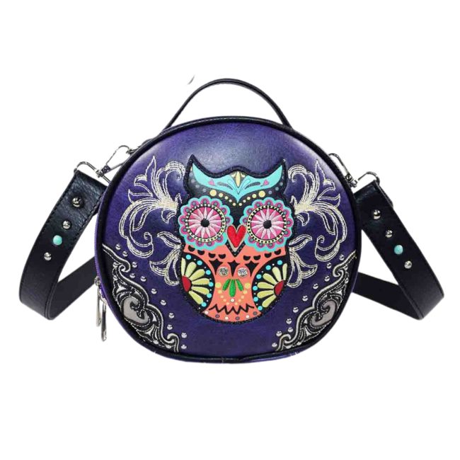OWL Embroidery Round Crossbody Bag - Purple