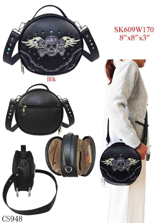Rhinestone Skull Round Crossbody BAG - Black