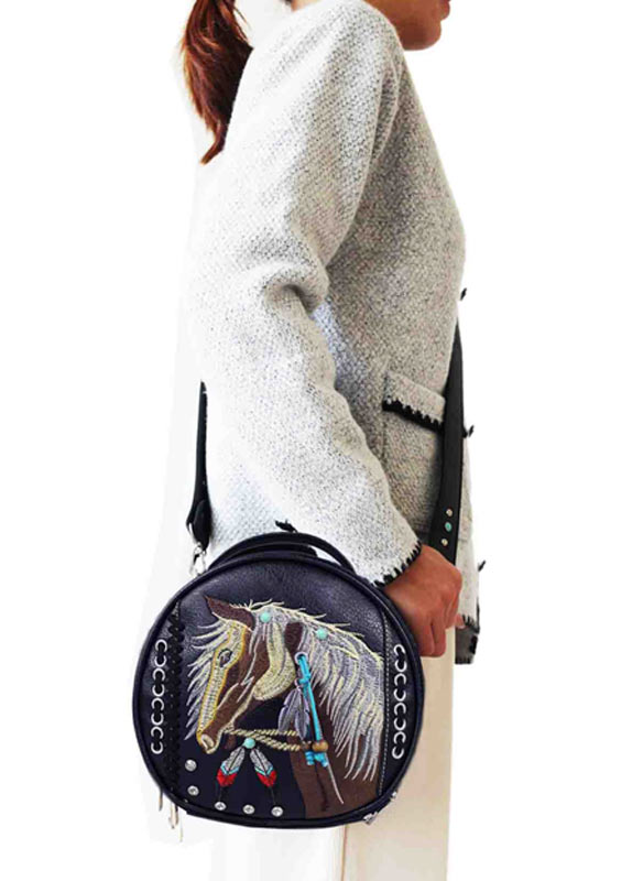 Round Crossbody Bag EmbroideryNative Horse Design Black