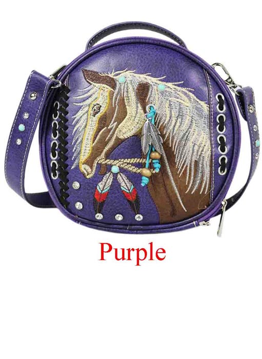 Round Crossbody Bag Embroidery Native Horse Design