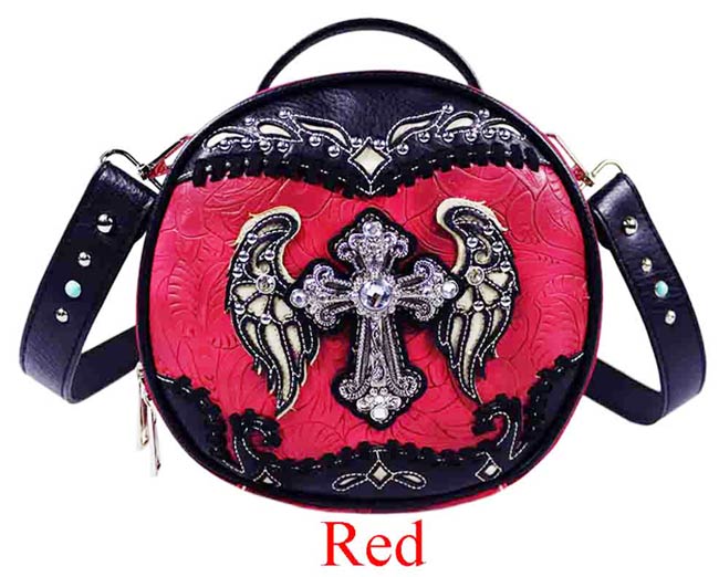 Round Crossbody Bag RHINESTONE Studded Angle Wing Design