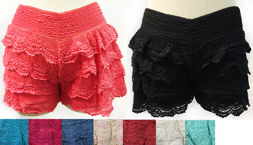 Wholesale Solid Color Layered Crochet SHORTS Assorted Colors