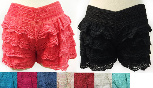 Wholesale Solid Color Layered Crochet Shorts Assorted Colors