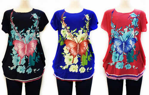 Wholesale Butterfly Flowers Rhinestone Shirt Assorted Colors