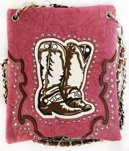 Wholesale Cowboy BOOTS Embroidery Studded Phone Purse Pink