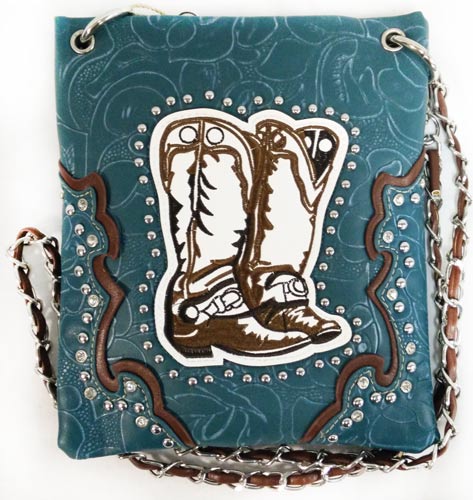 Wholesale Cowboy BOOTS Embroidery Studded Phone Purse Turquoise