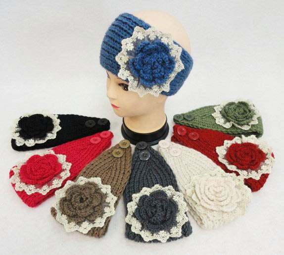 Wholesale Knitted HEADBANDs Solid Color Flower with Crochet Lace