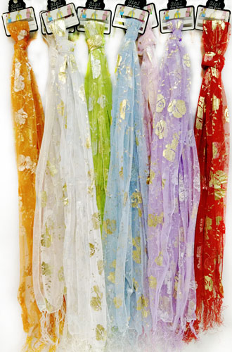 Wholesale Light Weight Scarves GOLD Foil Flower Print Fringes