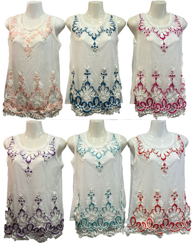 Wholesale Satin Victorian Embroidery Sleeveless Shirt Assorted