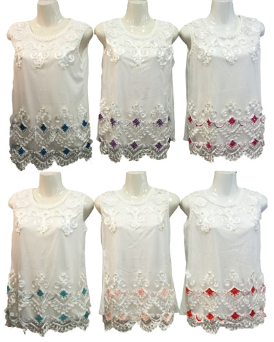 Wholesale Satin Victorian Embroidery Sleeveless Shirt Assorted