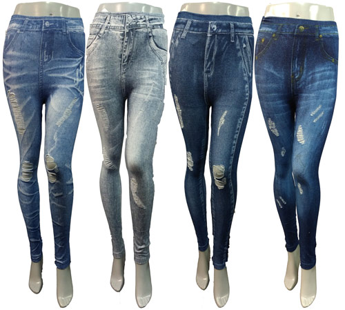 Wholesale Ripped DENIM Print Legging Assorted Colors