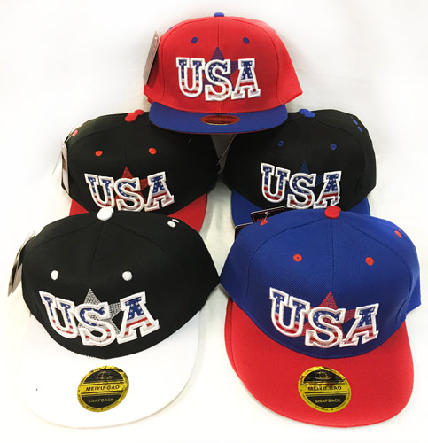 Wholesale Snap Back Flat Bill USA with Star & Flag Print Assorted