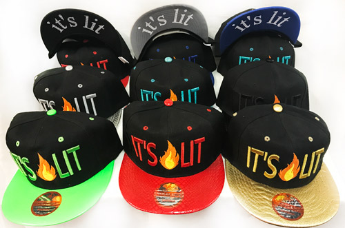 Wholesale Snap Back Flat Bill It's Lit with Flame Assorted Colors