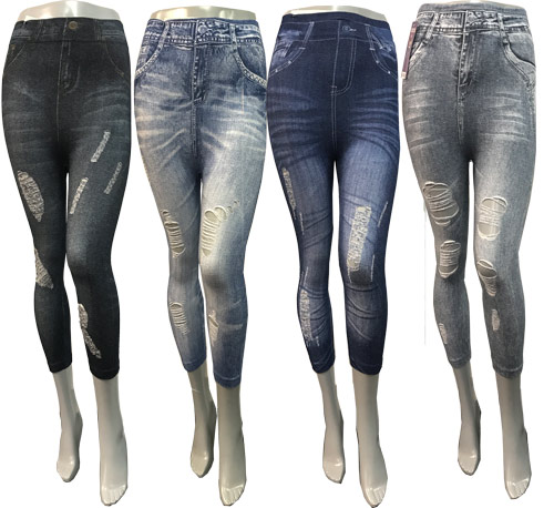 Wholesale Ripped Denim Print Capris LEGGING Assorted Colors