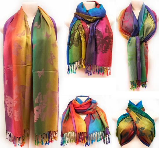 Wholesale Multicolor Butterflies Pattern PASHMINA with Fringes