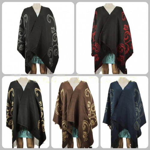 Wholesale Wrap PONCHO Solid Color with Flower Pattern Fringes