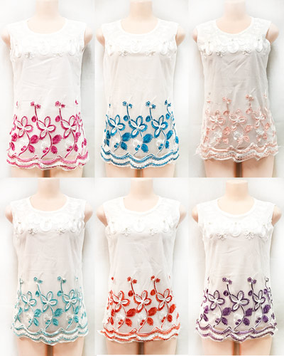 Wholesale SATIN Victorian Embroidery Sleeveless Shirt Assorted