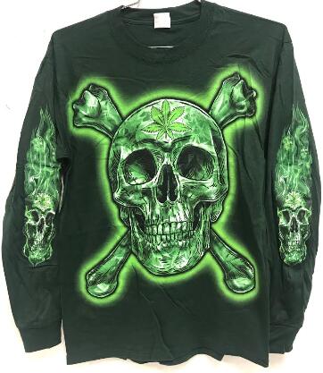 Wholesale GREEN T Shirt Skull and Bones with Leaf LONG SLEEVES