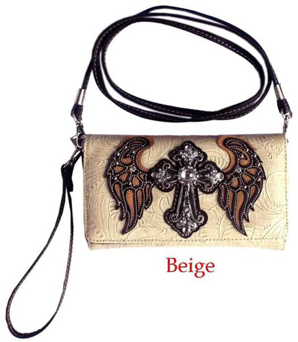 Wholesale Rhinestone Cross with ANGEL Wings Wallet Purse Beige