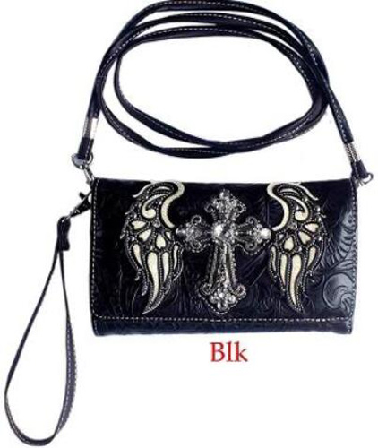 Wholesale Rhinestone Cross with ANGEL Wings Wallet Purse Black