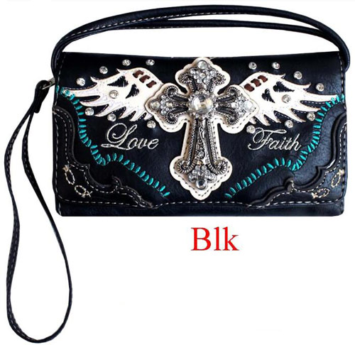 Wholesale Rhinestone WALLET Purse with Cross Wing Love Faith