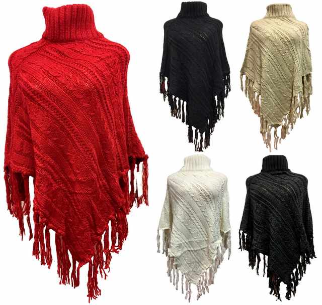 Wholesale Knitted PONCHO Solid Color with Fringe