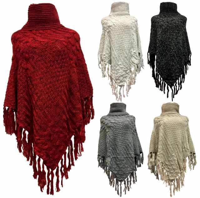 Wholesale Knitted PONCHO Solid Color with Fringe