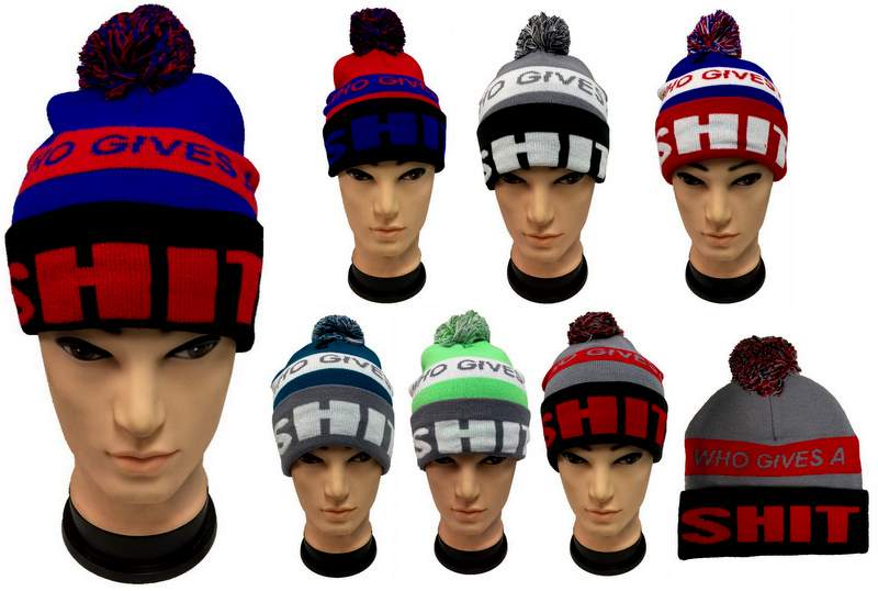 Wholesale Knitted Beanie HAT Who Give Shit Pom Pom