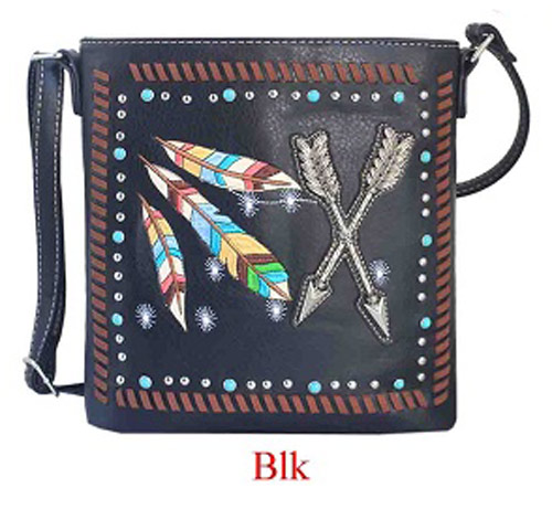 Wholesale Rhinestone Sling Purse with Feather and Arrows Black