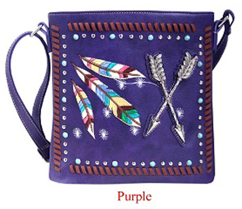 Wholesale Rhinestone Sling Purse with Feather and Arrows Purple