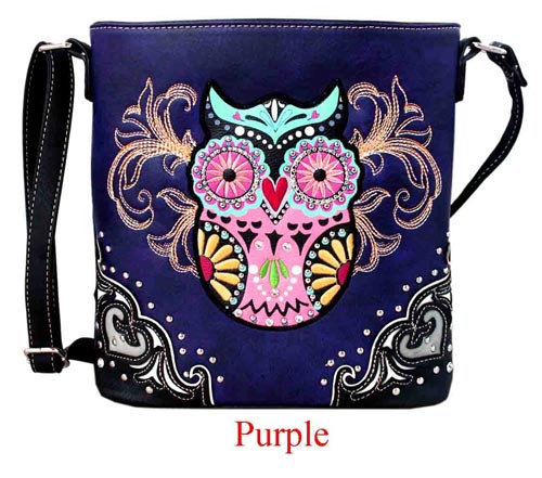 Wholesale Western Cross Body Sling Purse with Colorful Owl Purple