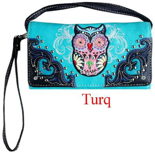 Wholesale Rhinestone Studded OWL Design Wallet Purse Turquoise
