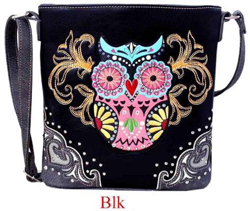 Wholesale WESTERN Cross Body Sling Purse with Colorful Owl Black